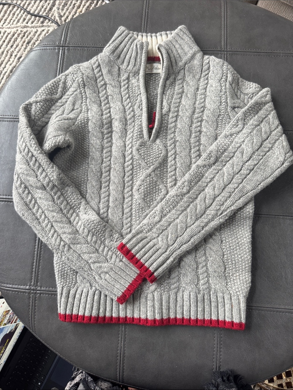 Mini Boden Grey Cable-Knit Half-Zip Sweater with Red Trim